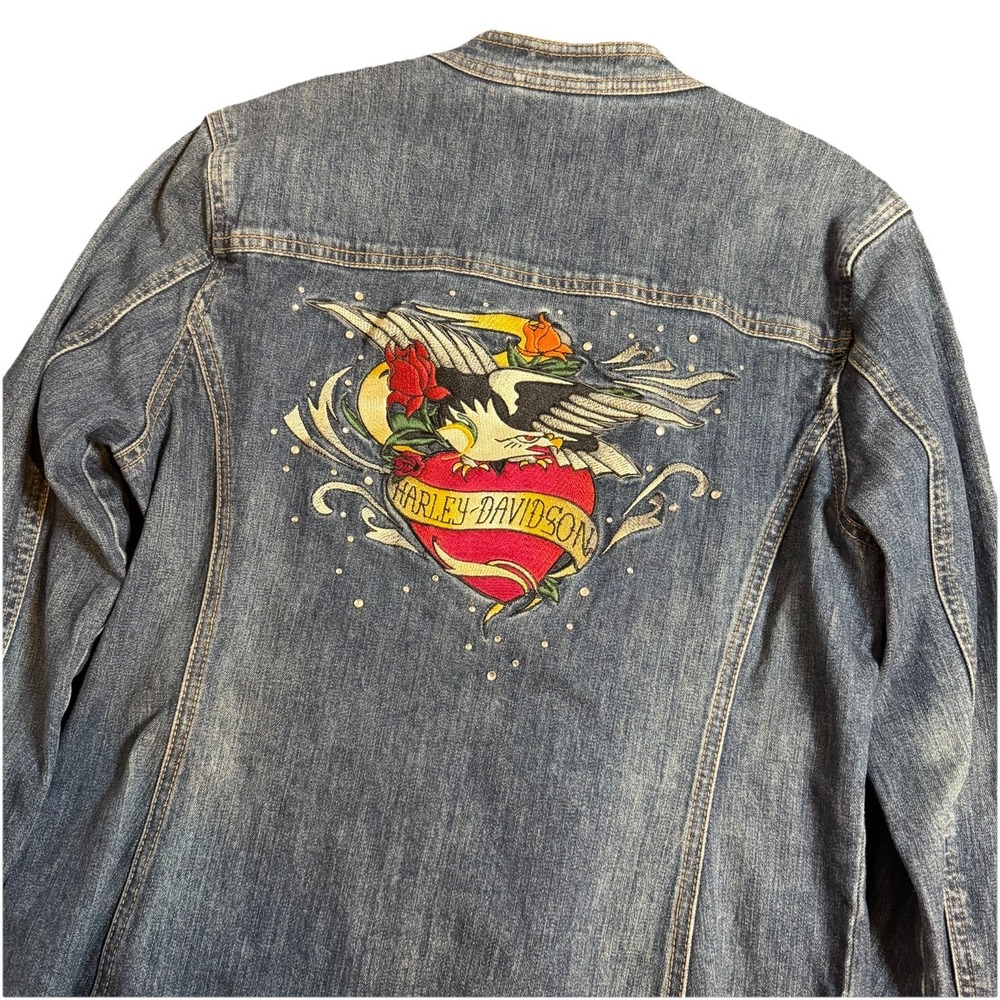 Harley-Davidson Embroidered Heart Eagle Rose Bling Rhinestone Denim Jean Jacket